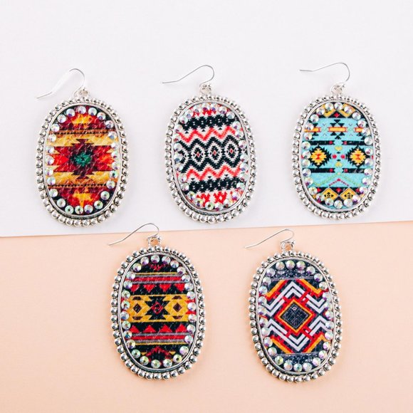 Oval Western Print Rhinestones Earrings - Style 2 - Picture 2 of 2
